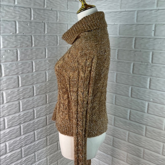 PILCRO Anthropologie Gold Sparkle Turtleneck Cable Knit Crop Sweater Size SM - Picture 6 of 13